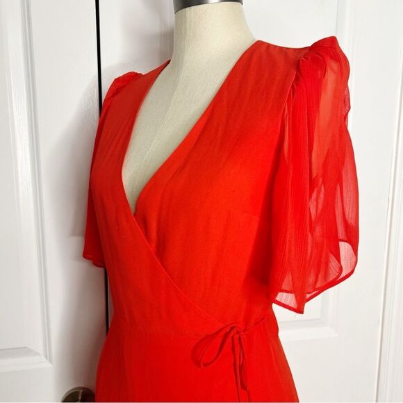 Alice + Olivia Suri True Wrap Midi Dress Red Size 2 Sheer Sleeves - Picture 7 of 14